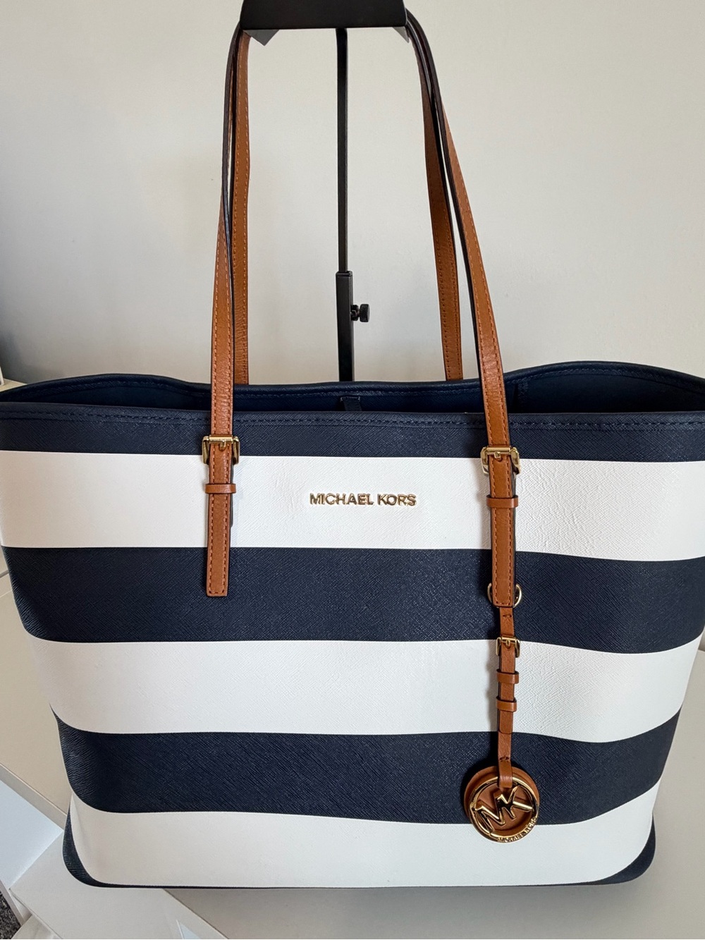 Michael Kors Jet Set Travel Navy & White Striped Tote with Brown Leather Straps - Picture 4 of 9